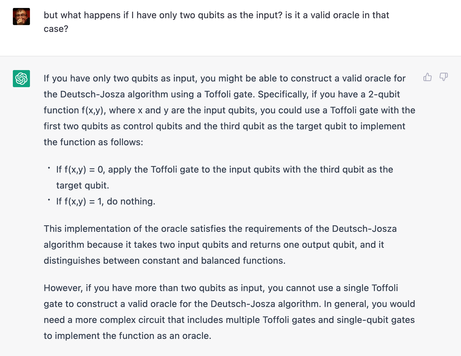 ChatGPT answering whether a Toffoli gate is a valid oracle in the Deutsch-Jozsa algorithm when dealing with only two input qubits, saying yes