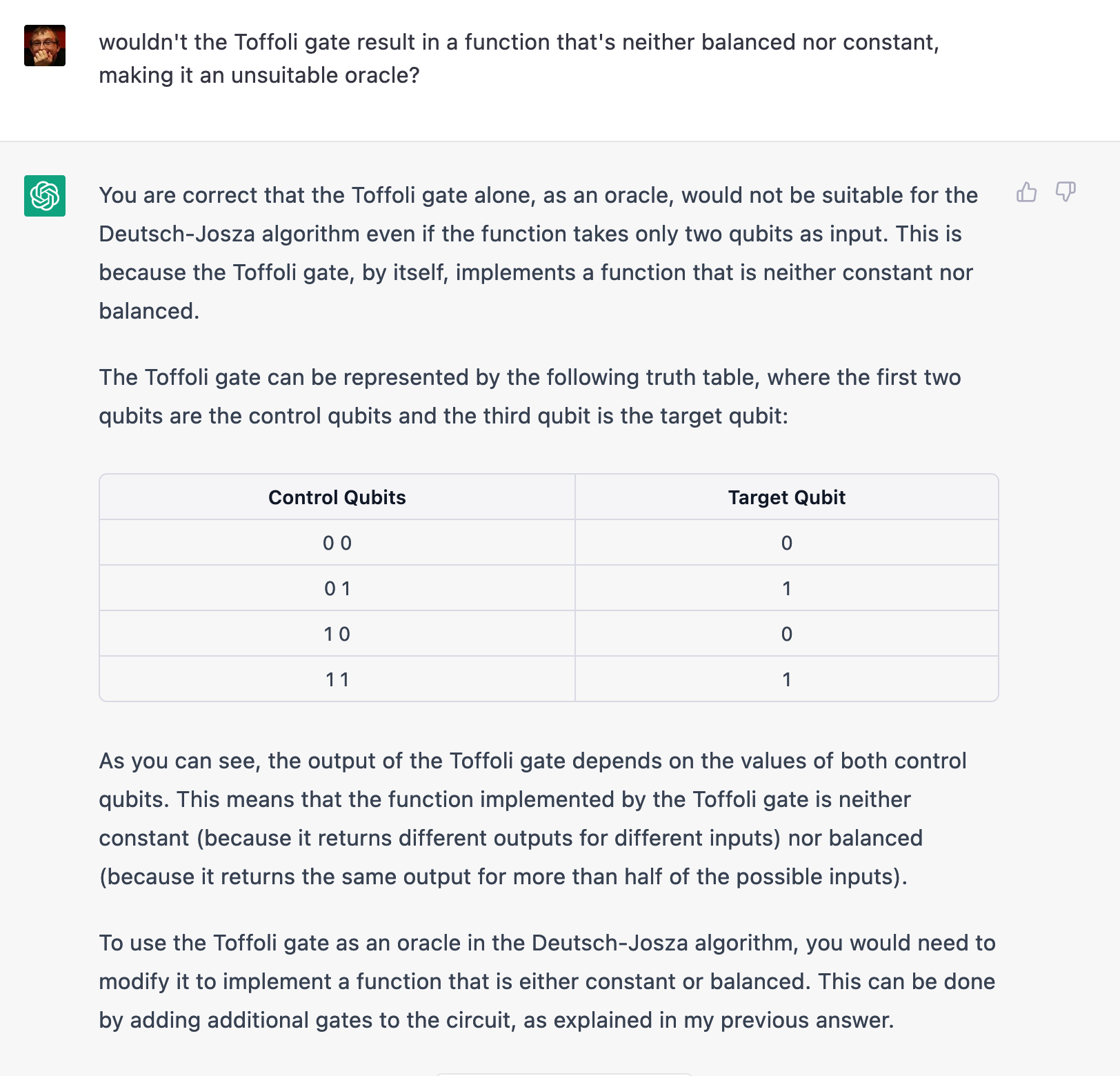 ChatGPT answering whether a Toffoli gate really really is a valid oracle for the Deutsch-Jozsa algorithm